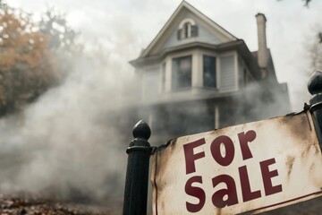 Foggy Real Estate Sign in Front of Abandoned House for Sale in a Mysterious Atmosphere