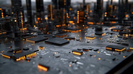 A futuristic cityscape emerges from a glowing circuit board, blending technology with imagination in a mesmerizing digital landscape.