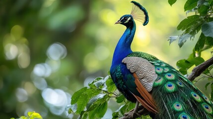 Obraz premium Majestic peacock perched on a tree branch, showcasing vibrant plumage in a lush green forest.