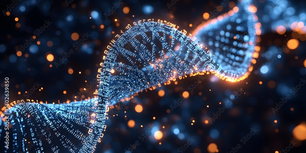 Poster fusion of binary code and dna strand laboratory environment digital art scientific visualization