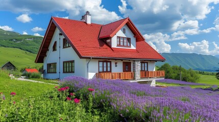 Charming white cottage embraced by lavender fields beneath a clear blue sky in tranquil countryside