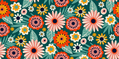 Vibrant Floral Half Drop Pattern on a Deep Teal Background featuring Stylized Flowers in Pink, Red, Orange, Yellow, and White with Navy centers. Ideal for Textile Design, Wallpaper, or Packaging.