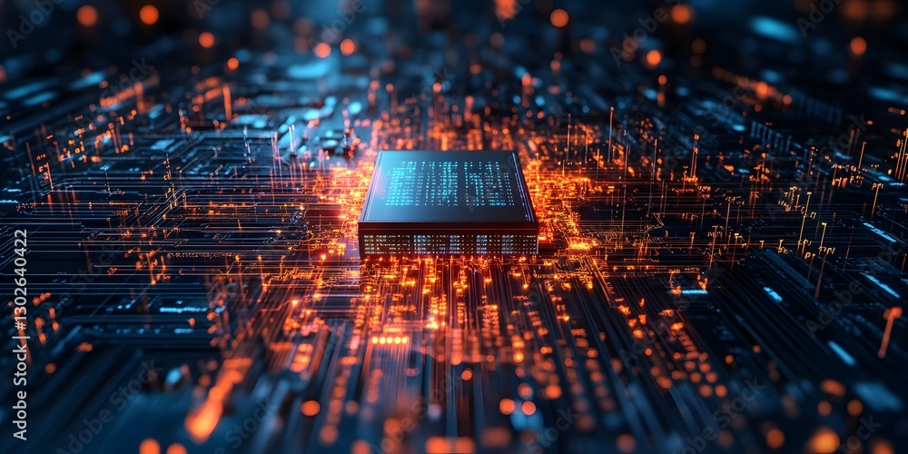 Poster quantum computer surrounded by mathematical equations digital environment technology concept abstrac
