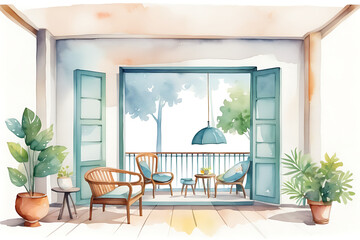 Watercolor Terrace with Seating and Plants Overlooking Trees on Balcony