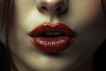 Naklejka premium Close-up view of luscious red lips showcasing glossy lipstick applied with precision in a dramatic lighting setup