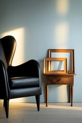 Stylish black armchair and blank wooden frames near blue wall