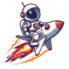 Astronaut Riding a Cartoon Rocket with Colorful Flames and Smoke