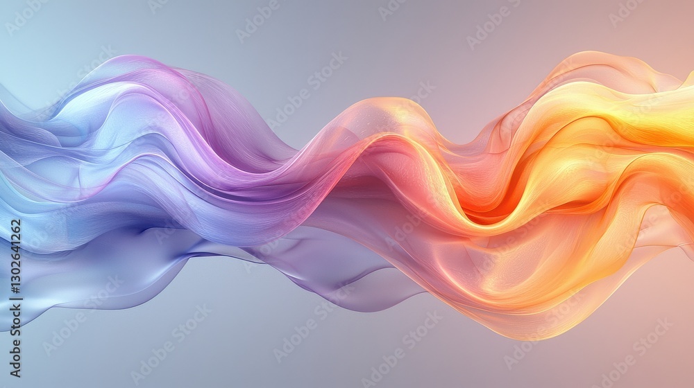 Poster flowing abstract fabric in gradient hues of purple, orange, and pink creating a dynamic visual effec