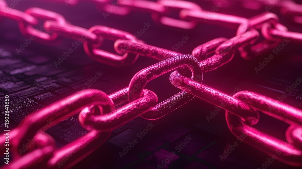 Poster a close-up view of a glowing pink chain link against a dark background, highlighting its texture and