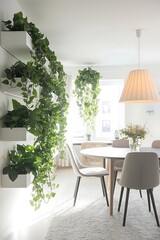 Obraz premium Plants on shelves and rug in white apartment interior with chairs at dining table under lamp. Real photo