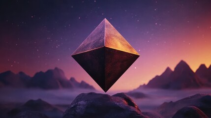 A mystical pyramid hovers above a surreal landscape, illuminated by a vibrant sunset, surrounded by mountain silhouettes and fog.