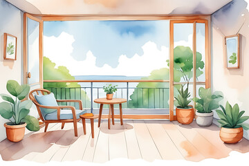 Watercolor Balcony with Ocean View Seating Area and Potted Plants