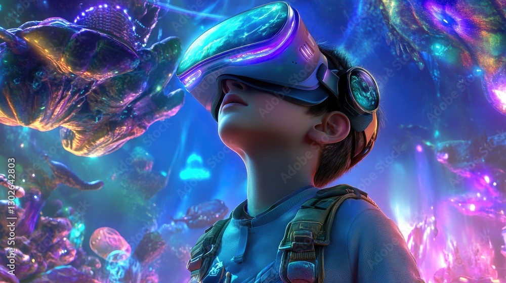 Poster exploring virtual reality worlds with a child futuristic environment digital art immersive experienc