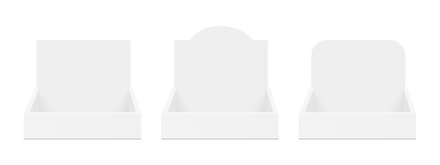 Three Blank Display Boxes Mockups, Front View, Isolated On White Background. Vector Illustration
