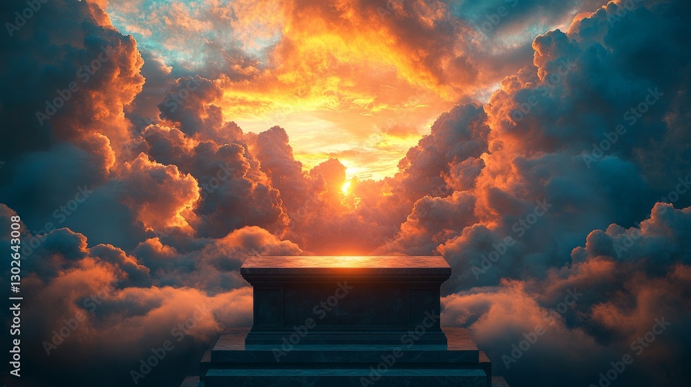 Poster empty podium under a cloudy sky, with the sun setting behind layers of colorful clouds, creating a p