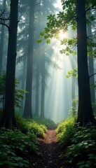 Obraz premium Foggy forest floor with sunlight filtering through dense foliage, gray, tree, forest