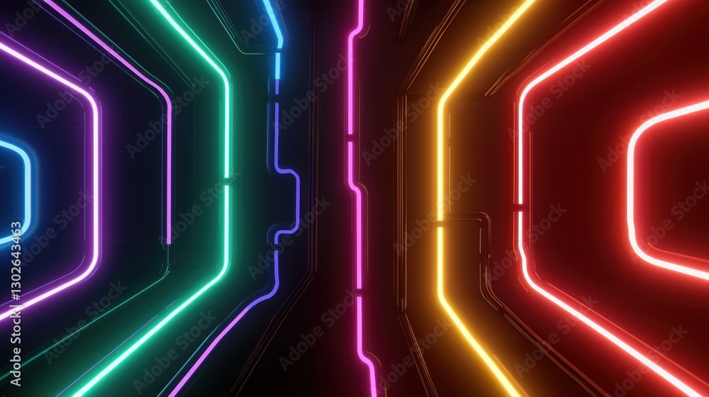 Poster A vibrant, neon-lit corridor with glowing lines in various colors, creating a futuristic and dynamic atmosphere.