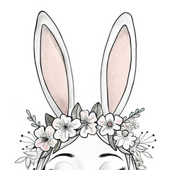 Floral bunny ears illustration with delicate pink and white flowers, perfect for Easter celebrations. design features soft pastel colors and intricate floral details, creating whimsical and