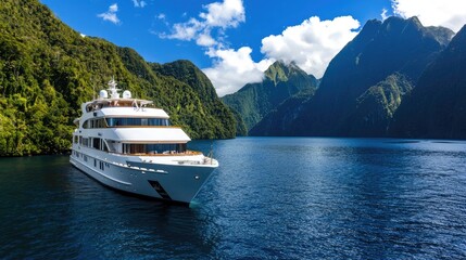 Luxury yacht sailing through scenic fjords new zealand travel photography outdoor adventure aerial view serenity