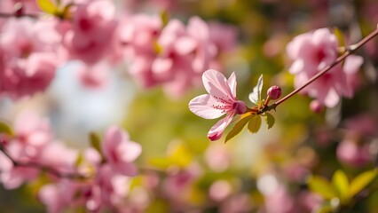 Obraz premium Close-up of vibrant pink cherry blossom flowers in full bloom on a sunny spring day with a blurred natural background.