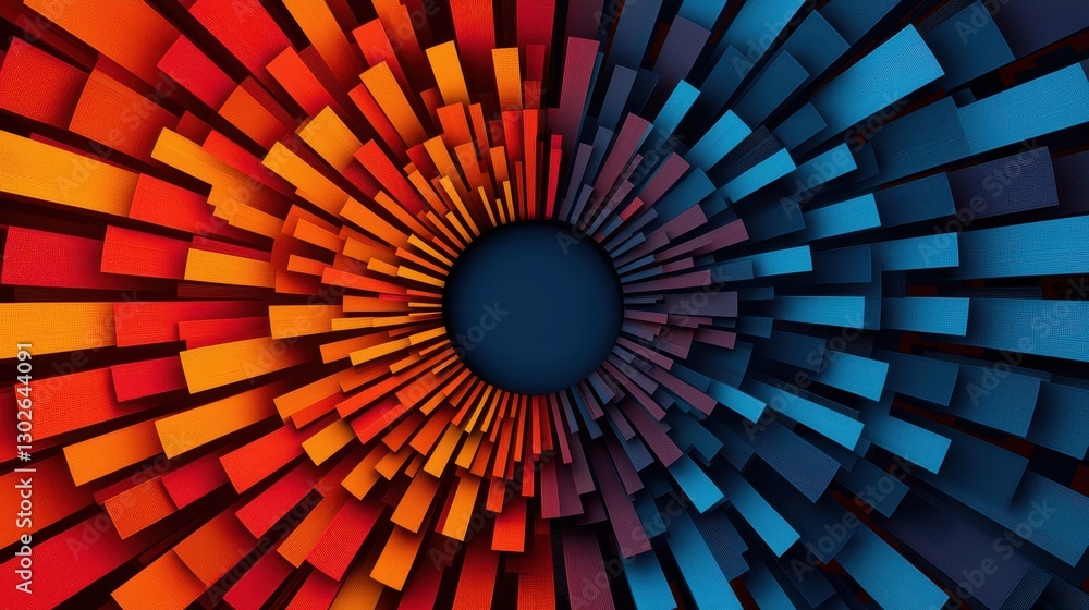Aufkleber A vibrant, radial pattern of 3D blocks in warm red and cool blue hues converging towards a central point, creating a dynamic visual effect.