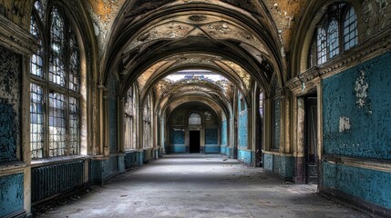 Obraz premium A deserted corridor in a historic building, with arched ceilings and intricate detailing.