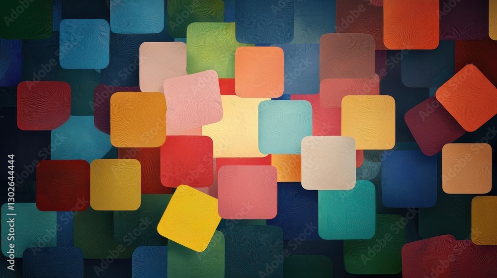 Poster A vibrant collage of colorful squares overlapping against a dark background, creating an abstract and artistic composition.