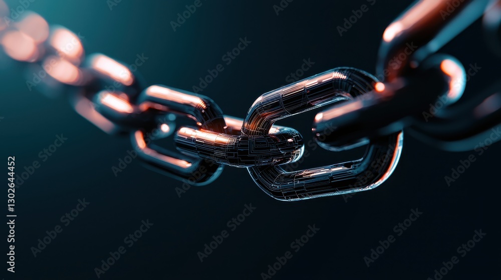 Poster A close-up view of a metallic chain link illuminated by dramatic lighting against a dark background, emphasizing texture and detail.