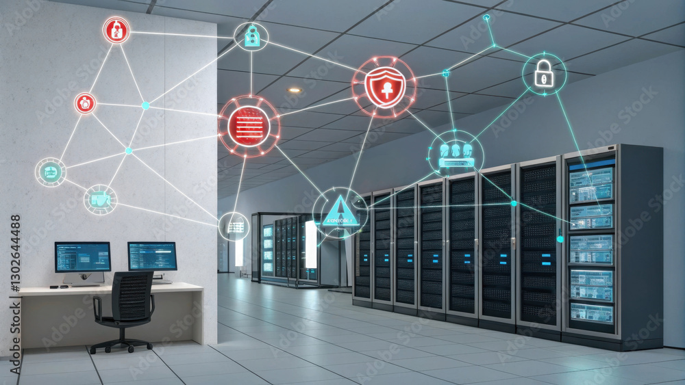 Poster modern data center with cybersecurity icons overlayed, illustrating online transaction protection an