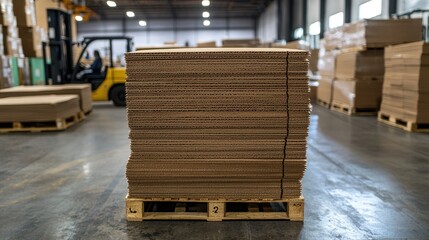 A stack of corrugated boxes in a warehouse, neatly organized on wooden pallets with forklifts in the background.