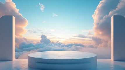 Empty podium with a backdrop of light, fluffy clouds drifting across a peaceful blue sky at dawn 
