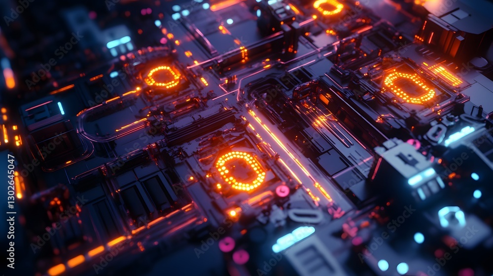 Poster illuminated glowing circuitry and microchips forming a futuristic digital network