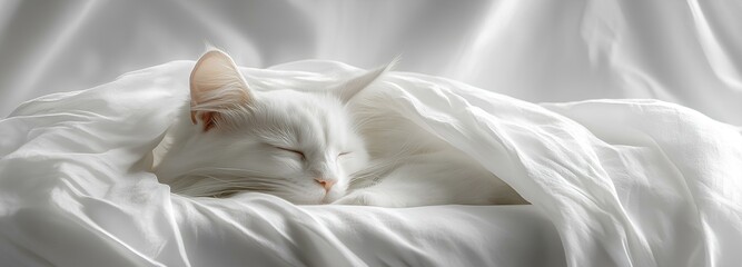 A cute white cat sleeping under white sheets, snuggled up in bed with its head peeking out from the blanket, creating an adorable and peaceful scene