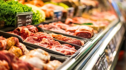 Obraz premium Fresh Cuts of Meat Displayed in a Grocery Store or Butcher Shop Case