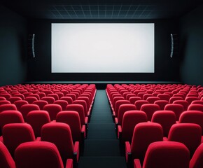 Rows of empty red seats facing a large blank screen in a darkened cinema awaiting the start of a new film