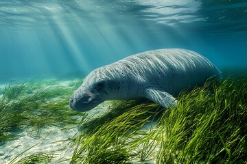 A dugong grazing on seagrass at the sandy bottom of the Red Sea, lemontin