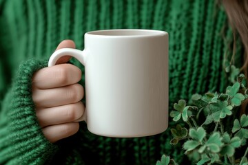 Obraz premium Cozy sweater moments with a blank mug and a touch of greenery during a relaxed afternoon