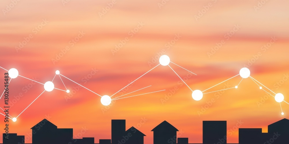 Poster a digital graphic showing a city skyline against a sunset, with connected nodes symbolizing data flo