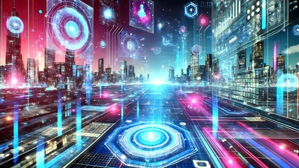 A futuristic cyber city with neon-lit pathways, floating holograms and interactive AI interfaces. Digital data streams , creating a high-tech, immersive virtual and augmented reality world.