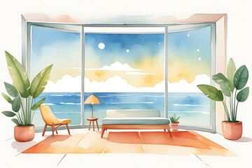 Fototapeta premium Coastal Living Room Interior with Ocean View Watercolor Illustration Style