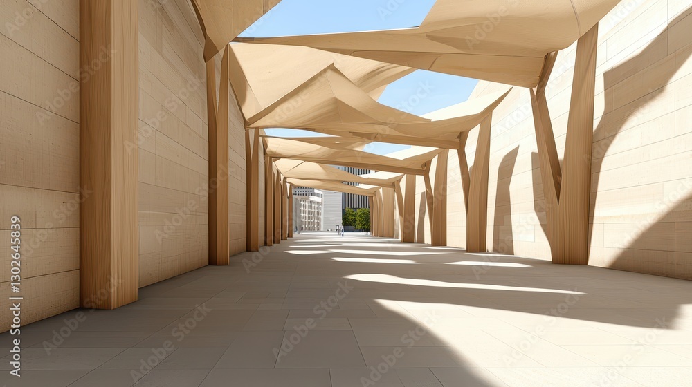 Poster a modern architectural space featuring wooden structures and fabric canopies, creating a bright and 