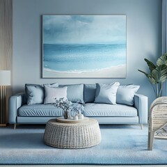 A coastal-inspired living room with light blue tones, natural textures, and ocean-themed art.