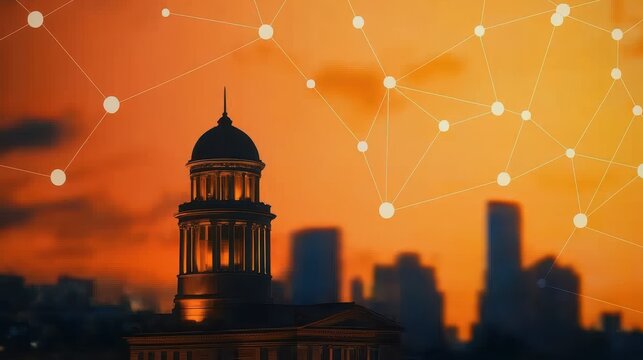 A stunning sunset silhouette of a historic building against a vibrant orange sky, with a blurred city skyline and connected dots suggesting innovation or technology.