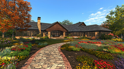 Rustic Log Cabin Home with Colorful Autumn Landscape and Stone Path