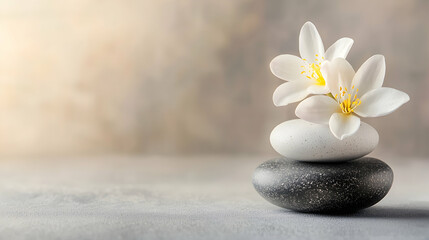 White Flowers Resting on Balanced Grey Stones Soft Light Minimalist Zen Photography