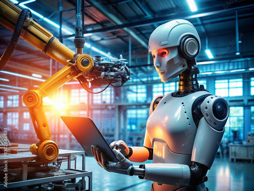 Poster futuristic robot inspecting digital tablet in high-tech workshop - panoramic stock photo