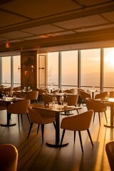 Fototapeta premium Interior of empty luxury restaurant with beautiful view from windows