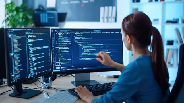 A woman is sitting at a desk with two computer monitors and a keyboard
