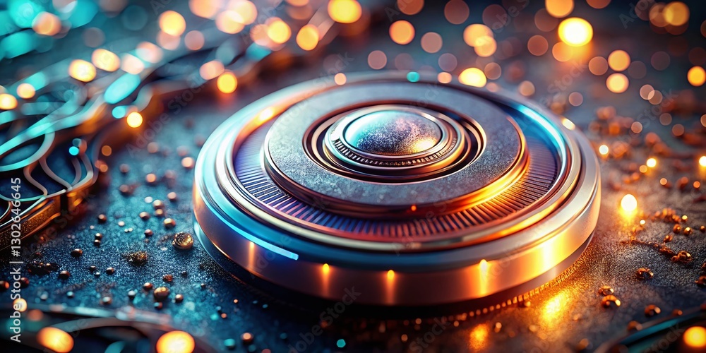 Poster futuristic sci-fi interface: glowing button with bokeh background