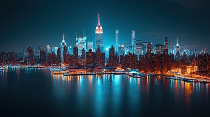 Obraz premium Night cityscape, illuminated skyscrapers, waterfront reflection.